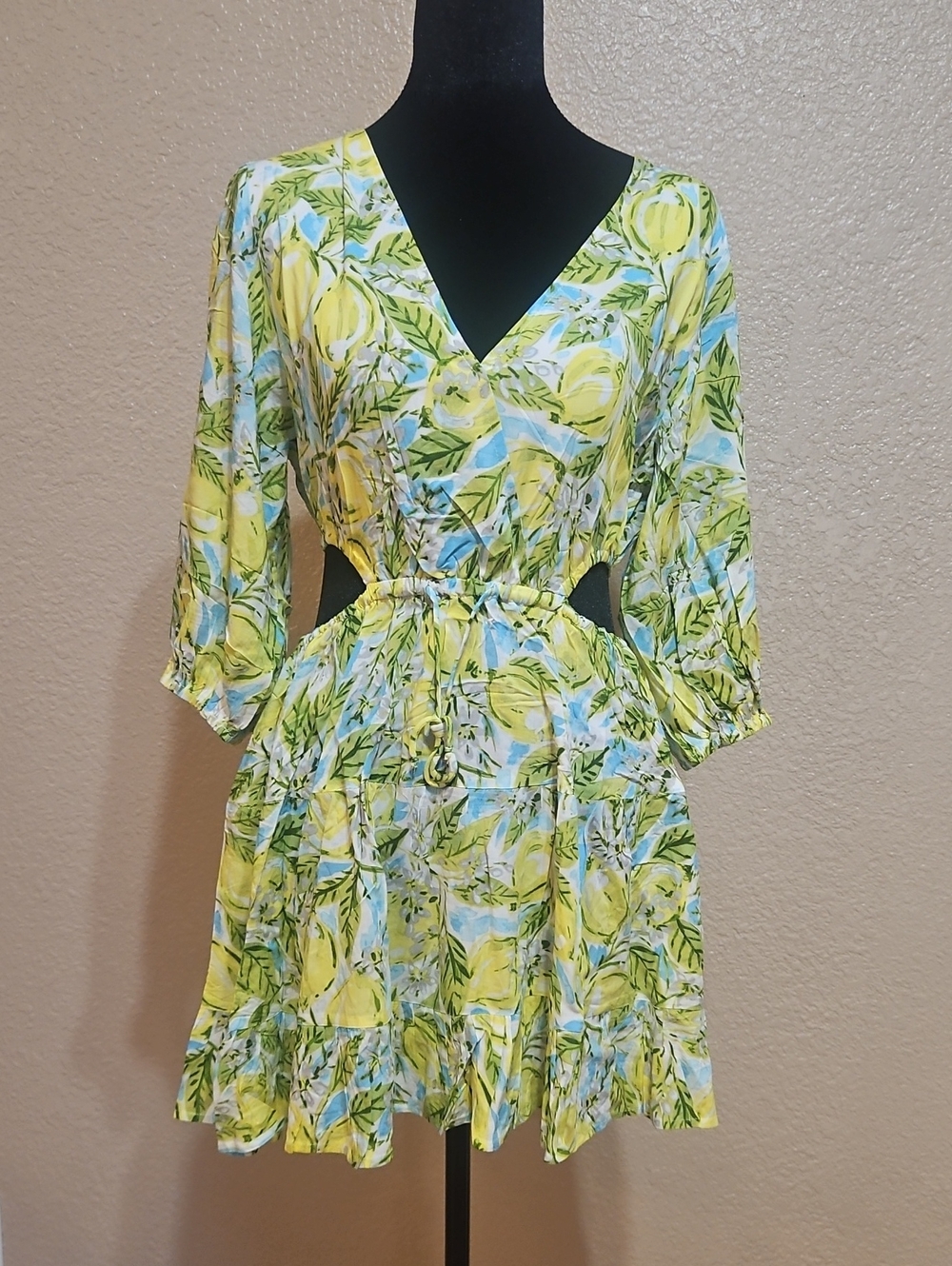 Floral Lemon-Print Mini Dress - Yellow/Green